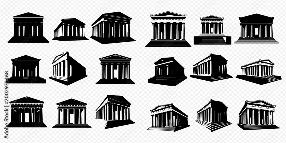 Fototapeta premium Set of ancient Greek temple silhouettes, showcasing various architectural styles and perspectives, ideal for historical and classical design projects.