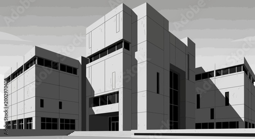 Modern Brutalist Architecture Building Exterior in Monochrome Style