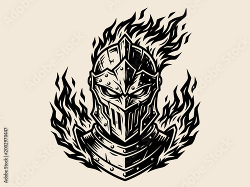 Medieval Knight Helmet Mascot Logo with Flames, Fierce Warrior Illustration in Linocut Style