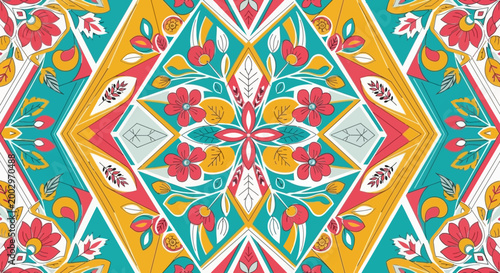 Seamless Floral Pattern with Geometric Folk Art Motifs in Teal and Red