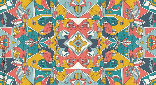Seamless Geometric Floral Pattern with Retro Color Palette