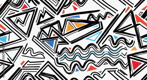 Seamless Hand Drawn Abstract Geometric Pattern with Triangles and Wavy Lines