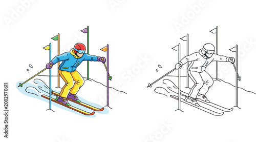 Downhill slalom skier cartoon illustration. Colored and black and white line art outline versions side-by-side for coloring book or winter sports design.
