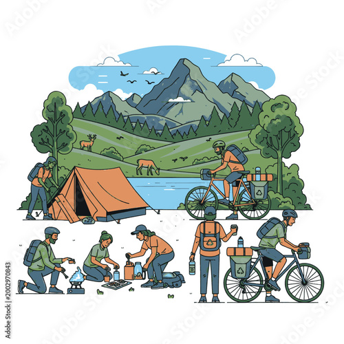 Active people enjoying a scenic camping and cycling trip in the mountains with a lake and wildlife.