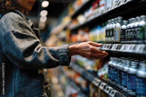 A person browsing a vibrant display of health-focused beverages in a store, encapsulating the modern consumer culture’s emphasis on wellness and informed lifestyle choices.