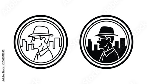 Detective or private investigator in fedora hat vector badge set for mystery themes