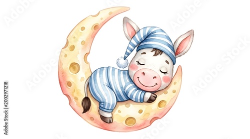 Cute donkey sleeping on crescent moon clip art watercolor illustration for children's designs