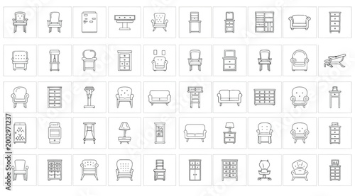 Set of furniture line icons collection of minimalist interior design symbols including chairs, sofas, tables, cabinets, dressers, and lamps home decor and furnishing elements