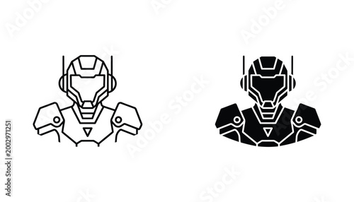 Futuristic robot or cyborg bust with armored shoulders and distinctive head design in minimalist outline and solid vector icon