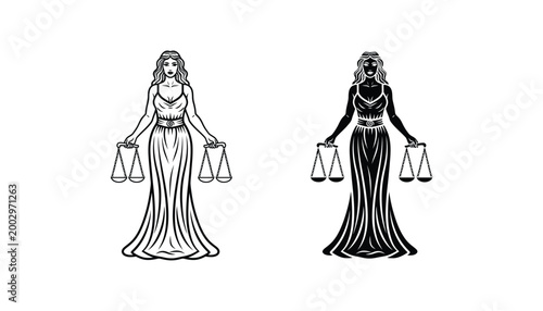 Libra zodiac sign woman holding scales illustration in black and white line art and solid silhouette style for astrological design projects and horoscope branding