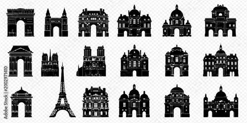 Εκτύπωση καμβά Collection of iconic Paris landmarks and famous French architectural monuments in black silhouette vector icons