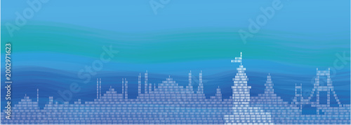 Istanbul Cityscape with Digital Data Overlay and Bosphorus Strait 