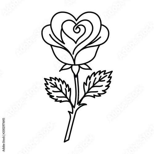 Heart Shaped Rose Outline Vector Romantic Floral Line Art Love Symbol Isolated on White Background