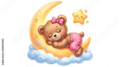 Sweet dreams clip art adorable teddy bear sleeping on crescent moon with stars cute illustration