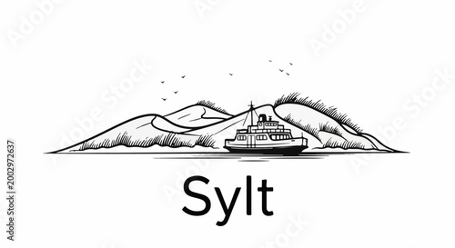 Stylized illustration of a ferry docked near coastal hills under a flock of birds