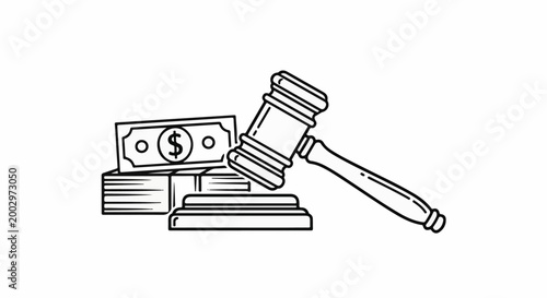 Stylized illustration of a gavel and stacked currency with a dollar sign