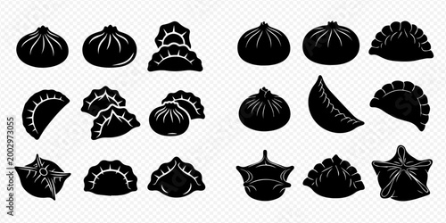 Set of various Asian dumplings and buns, including dim sum, bao, and gyoza, in black silhouette icons on a transparent background.