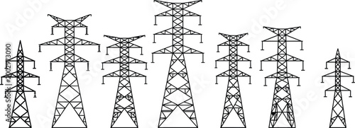 Set of electric transmission towers silhouettes high voltage power pylons collection energy infrastructure vector illustration