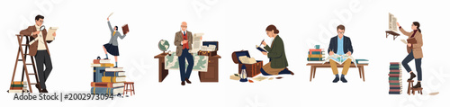 Quadro su tela Collection of diverse flat vector characters engaged in historical research, academic study, and archival work with books, maps, and vintage documents
