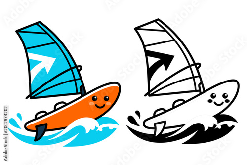 Cute cartoon windsurf board with blue sail and waves sunny windsurf recreation