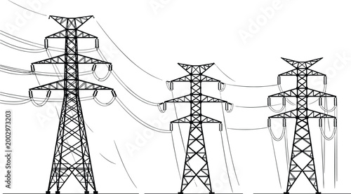 High voltage electric transmission towers with power lines vector illustration energy grid infrastructure engineering line art