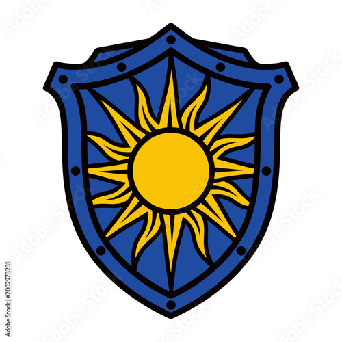 Blue shield emblem with golden sun symbol protection strength heraldry illustration