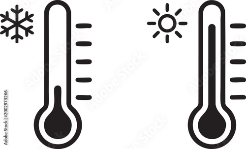 Two thermometers showing cold and hot temperatures with snowflake and sun icons flat vector illustration for weather concepts
