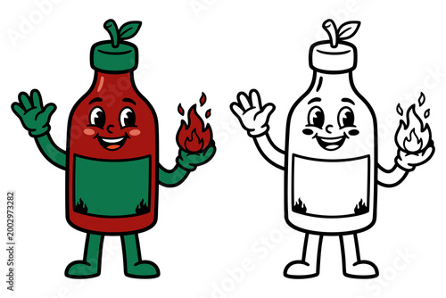 Cartoon ketchup bottle character holding fire with character illustration condiment