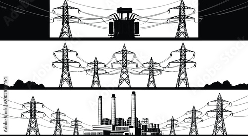 Electric power grid panorama with transmission towers transformer and industrial plant silhouettes high voltage energy infrastructure illustration