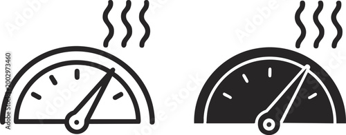 Set of two temperature gauge icons one outline and one solid indicating heat or high temperature for weather or measurement concepts isolated on white