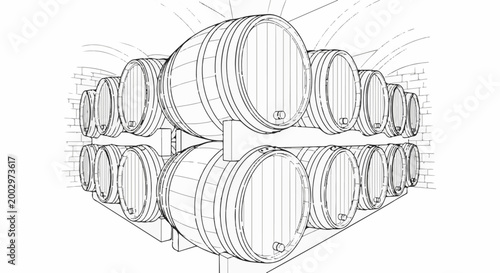 Stacked wooden barrels in a cellar with arched ceiling and brick wall