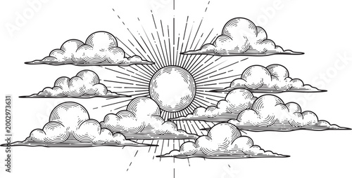 Cuadro en lienzo Vintage sun and clouds line art illustration, hand-drawn vector sunburst with cl