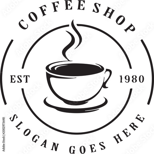 Coffee shop emblem with cup and steam vintage circular logo design for cafe branding isolated on white background