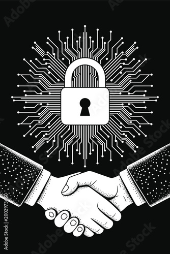 Digital Security Partnership: Two Business Professionals Shaking Hands Against a Circuit Board with a Padlock Symbol, Representing Cybersecurity, Data Protection, Trust, and Collaboration in Technolog