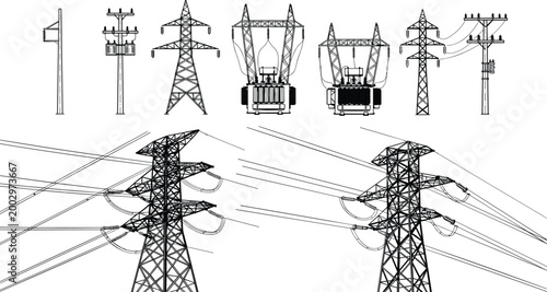 Electric power transmission towers and utility poles vector set high voltage lines infrastructure engineering illustration