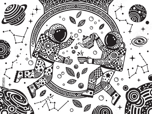 High contrast astronauts illustration featuring interstellar tea