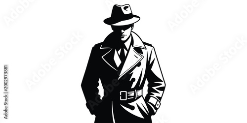 Mysterious Trench Coat Detective Noir Persona, Dramatic Silhouette of a Private Investigator in a Fedora Hat, Shadowed Face, Secret Agent on a Dark City Street at Night, Classic Cinematic Vibe, Suspen