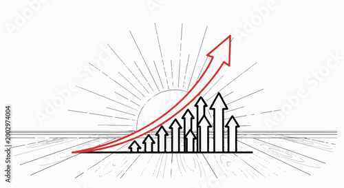 Stylized graph with upward-trending red arrow over rising bars
