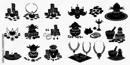 Hindu Puja Items and Religious Offering Silhouettes for Spiritual Ceremonies and Festivals.