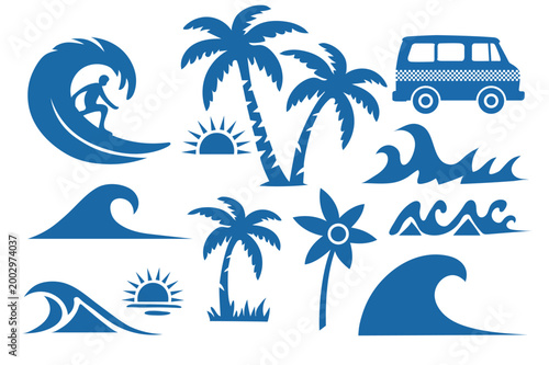 Collection of blue beach icons including waves, palm trees, a van, and a surfer