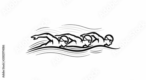 Stylized graphic depicts three swimmers in motion, side by side, with water ripples