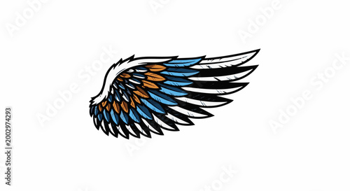 Stylized bird wing with layered feathers in blue, brown, and white