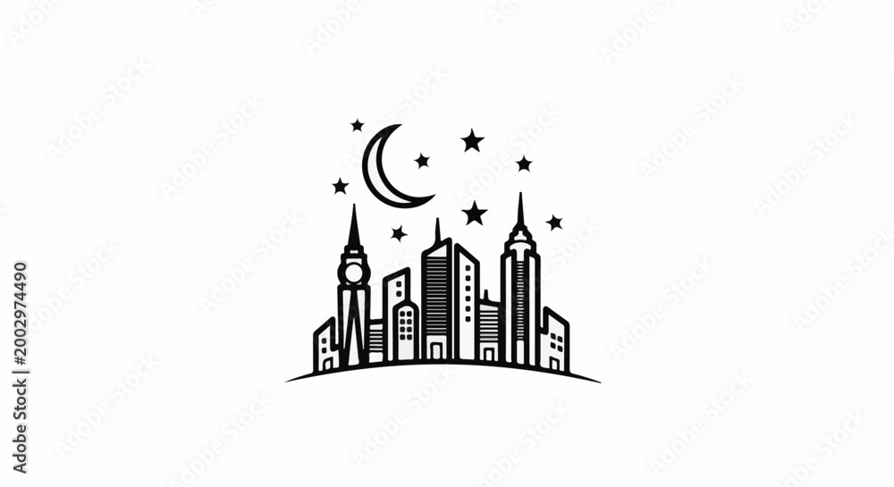 Obraz premium Stylized black and white city skyline under a moon and stars