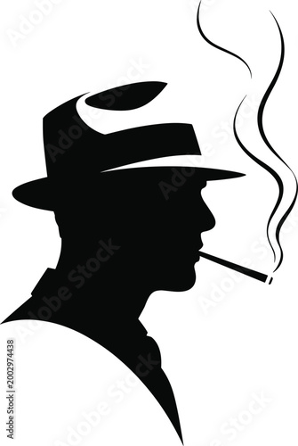Silhouette of a Man in a Fedora Smoking a Cigarette, Wisps of Smoke Rising, Abstract Noir Style, Moody Atmospheric Portrait, Classic Retro Vibe, Gangster Film Aesthetic, Prohibition Era Character, Dra