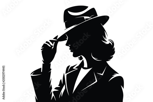Elegant Silhouette of a Woman in a Fedora Hat and Suit, Politely Tipping Hat, Mystery Noir Film Aesthetic, Professional Businesswoman, Detective Spy, Film Noir Style, Dramatic Silhouette Art, Vintage
