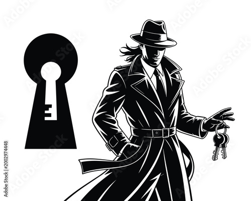 Mysterious Detective in Trench Coat Holding Keys Before a Black Keyhole, Symbolizing Secrets, Access, and Investigation; Noir Style Graphic for Security, Mystery, and Espionage Concepts