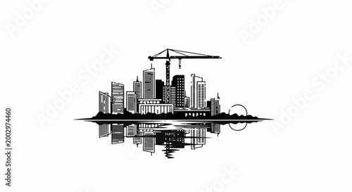Stylized black and white city skyline reflected in water with a crane
