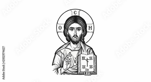 Stylized black and white depiction of Jesus Christ holding a book