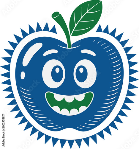 Whimsical Blue Apple Character with a Big Grin and Exciting Spiky Border, Dancing Happily Under Soft Light for Children's Entertainment, Education, Organic Food Brands, or Sweet Packaging Design