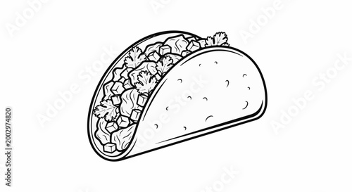 Stylized black and white drawing of a fully loaded taco with cilantro
